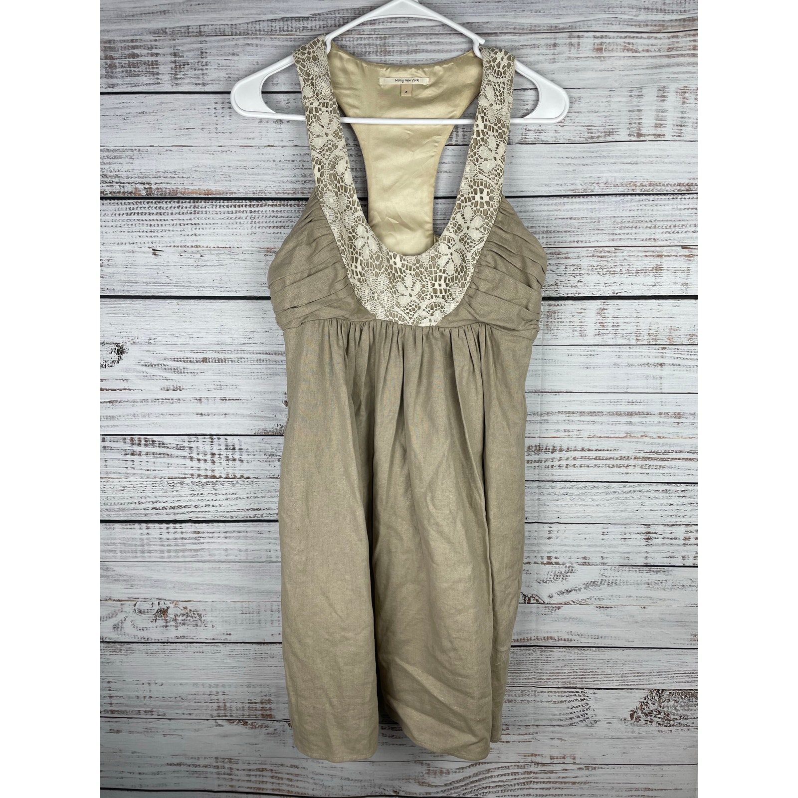 Molly New York Mini Dress Linen Tan Empire Shimmer Formal Y2k Coastal Wedding 2